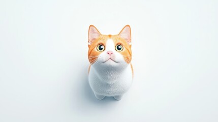 Adorable ginger and white cat sitting and looking up on a plain background, capturing the essence of playful curiosity.