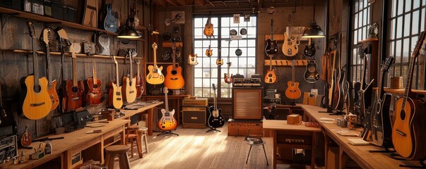 A boutique guitar shop with custom instruments, a workshop for repairs and modifications, and a small stage for live demos by musicians