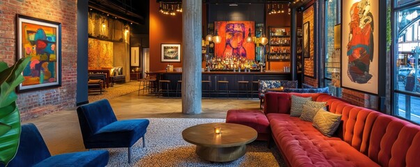 A boutique hotel lobby with eclectic decor, an art gallery featuring local artists, and a chic bar serving craft cocktails