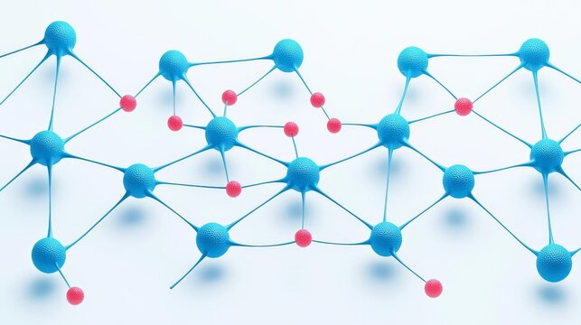 Abstract molecular structure with blue and red atoms connected by bonds, representing scientific and chemical concepts.