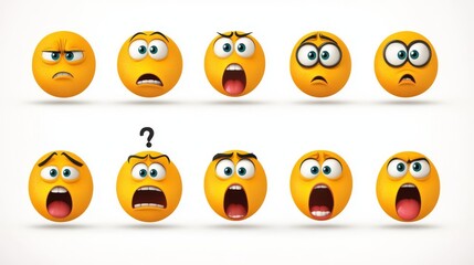 Fototapeta premium Collection of colorful emoji faces displaying a wide range of emotions including happiness, surprise, confusion, and excitement.