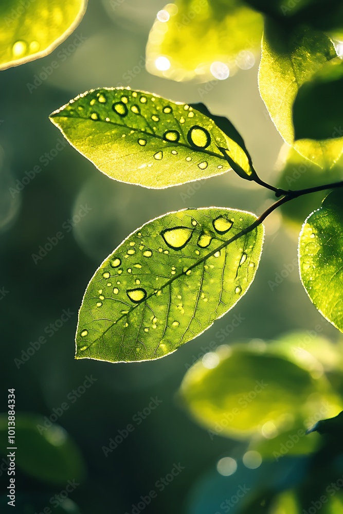 Wall mural Closeup of Green Leaves with Dew Drops in Sunlight, Nature Background