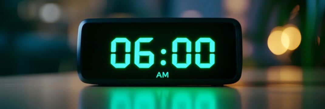 Close-up of a digital alarm clock displaying 6 00 AM in bright green numbers against a dark, blurred background