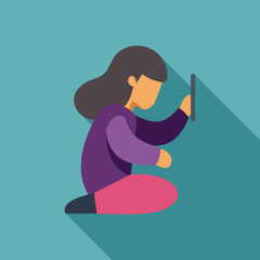 Young woman is sitting with legs crossed using a tablet computer in this flat design illustration with long shadow