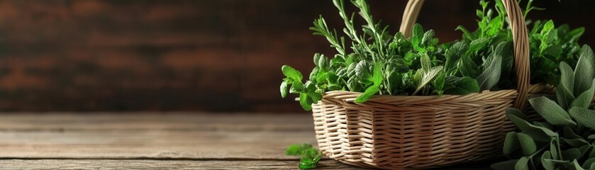 Naklejka premium Freshly picked medicinal herbs in a basket, ready for preparation, with a calm and natural healing background