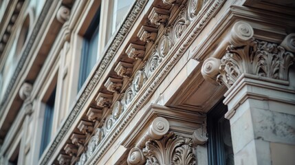 Obraz premium A close-up of a heritage building's ornate cornices and mouldings, beautifully restored to their original splendor