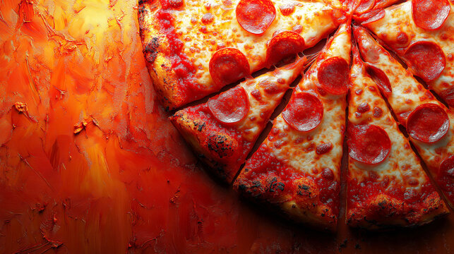 Sliced ​​juicy pepperoni pizza on orange background