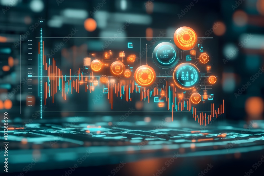 Poster macro view of futuristic market data visualization highlighting intricate candlestick patterns metic