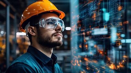A portrait of an industrial engineer in a hard hat monitoring production flow in a factory.