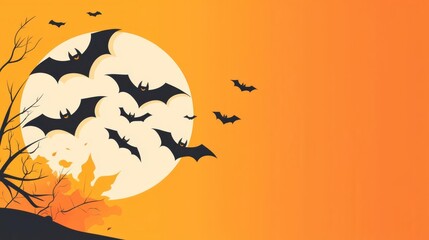 Silhouette of bats flying across a full moon with a bright orange background, perfect for Halloween or spooky themed designs.