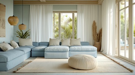 A coastal living room with light blue sofas, white drapes, and a sandy-colored rug, resembling a beach house interior