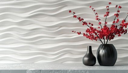 3d printed wall panels with wavy texture, white color, with black vase and...