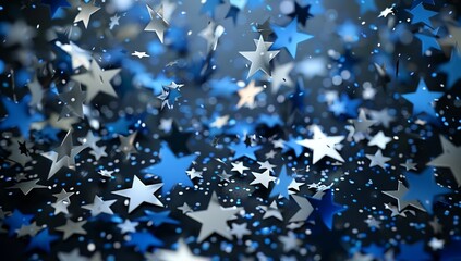 3d rendering of falling blue and silver stars on dark background. Abstract...