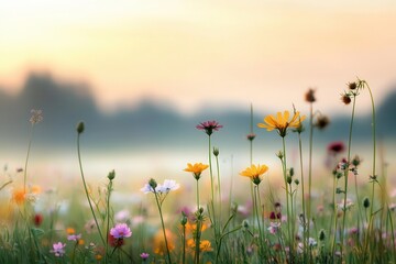 Wildflower meadow at dawn, soft light creating a serene and healing natural environment