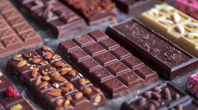 A wide variety of chocolate bars in different flavors and types neatly arranged on a table. Generative AI - Powered by Adobe