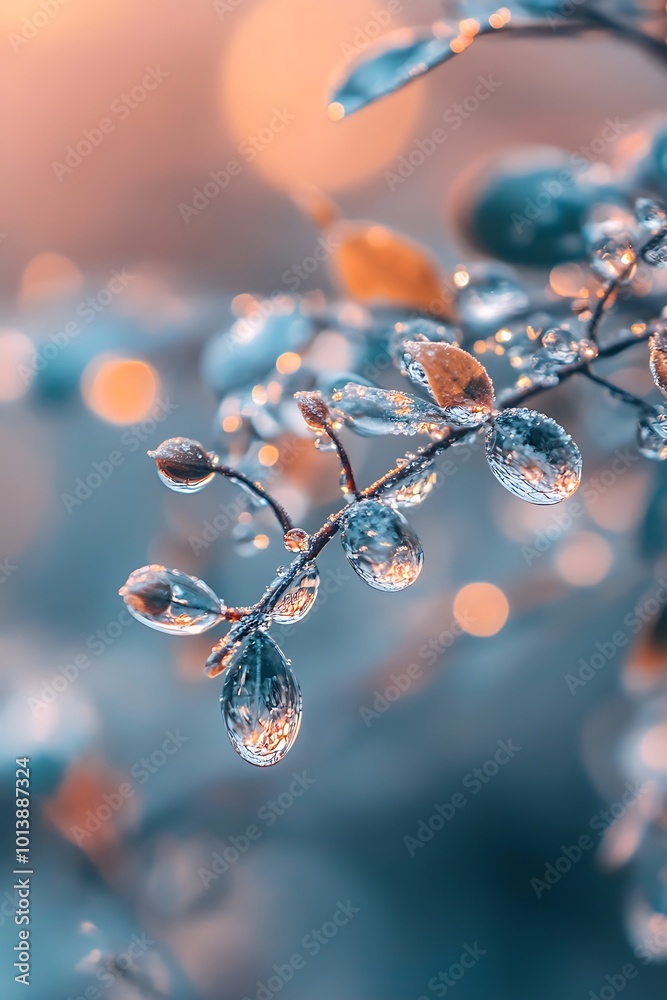 Wall mural Dew drops on leaves at sunrise, close up macro photography