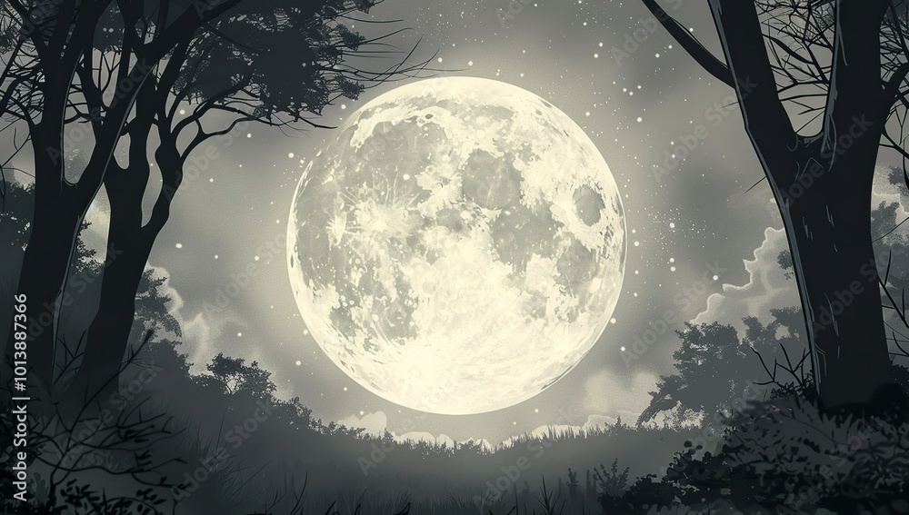 Wall mural a large full moon with silhouettes of trees in the foreground, vector...