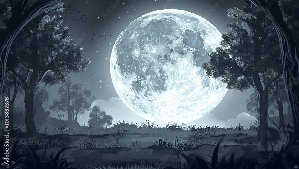 Wall mural a large full moon with silhouettes of trees in the foreground, vector...