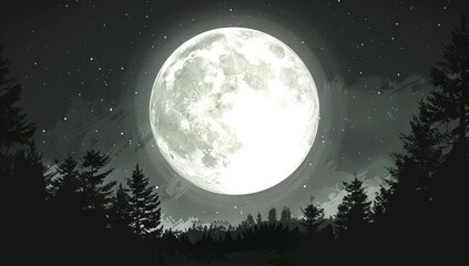 A large full moon in the sky, silhouettes of trees on the horizon, fantasy...