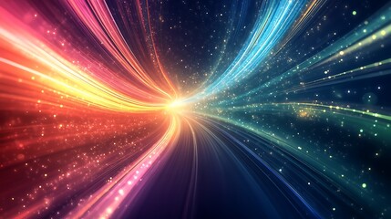 Abstract background of light streaks and sparkles in blue, yellow, and red colors.