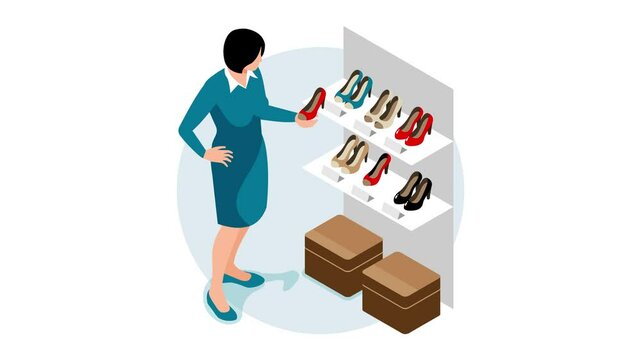 A man and a woman select shoes on the shelves and try them on. Flat art animation with characters for the clothing industry