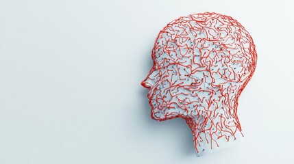 3D illustration of a human head with red veins showing the circulatory system, symbolizing healthcare, anatomy, and medical technology.