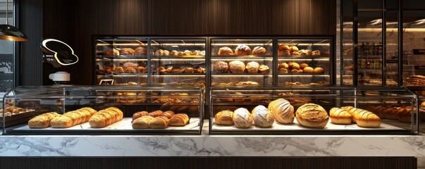 A contemporary bakery with glass display cases showcasing artisan breads and pastries, set against a backdrop of dark wood and white marble