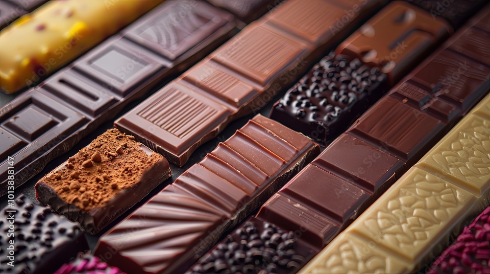 Poster Close up view of a variety of delectable chocolate bars in different flavors and types neatly arranged. Generative AI