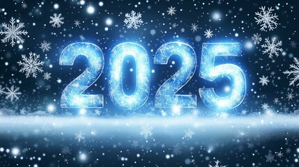 The image features the year '2025' in icy blue letters surrounded by glowing snowflakes on a dark background