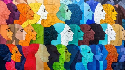 Naklejka premium Colorful abstract illustration of diverse faces in profile, symbolizing unity and diversity.