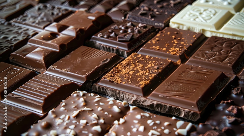 Poster close up of a variety of chocolate bars in different flavors and types, neatly arranged with high de