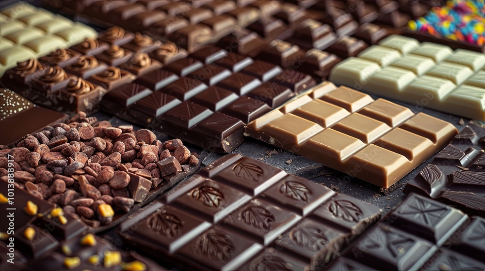 Poster Various types of chocolate bars neatly arranged on a table, showcasing different flavors and types in rich detail. Generative AI