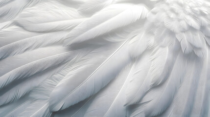 Closeup, white and feathers background for peace, calm and spirituality for God, religion and hope. Ai generated, feather and bird plumage for creative banner, texture or detail space for angel faith