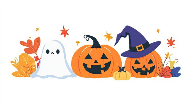 A cute ghost, two jack-o'-lanterns, and fall leaves.