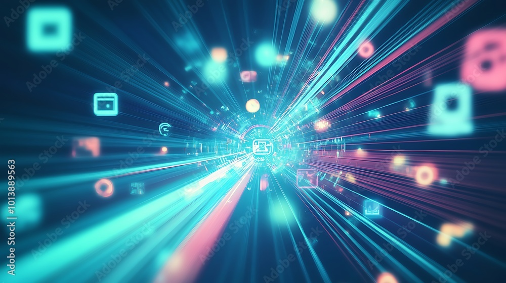 Poster Abstract digital tunnel with glowing icons and streaks of light, representing data flow and speed.