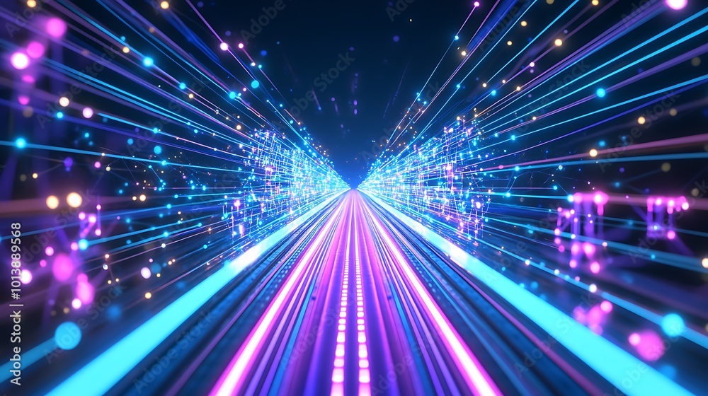 Aufkleber Abstract digital tunnel with glowing lines and particles.