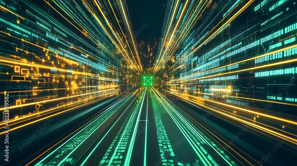 Poster Abstract digital tunnel with lines of binary code and green glowing light.
