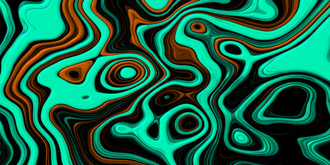 Abstract Fluidy Glass Textured Liquid Stylized Cartographic Terrain with Teal & Orange Contouring. 3D Cartographic Weave seamless striped patterns and wavy Shaped Wrinkled Foil Shimmer Background.