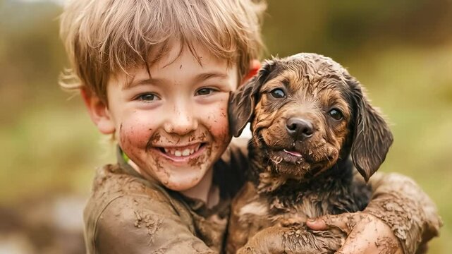A young boy with a happy expression hugging a muddy puppy outdoors. Both are covered in mud, capturing the fun and carefree moments of childhood. The scene conveys a playful and joyful atmosphere,