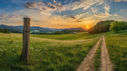 Obraz premium A dirt road winds through a green meadow towards a distant farmhouse, with a vibrant sunset casting warm light across the rolling hills.