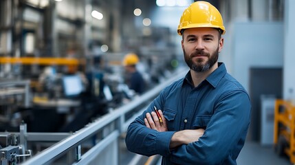 A portrait of an industrial engineer in a hard hat working alongside technicians in a busy factory.