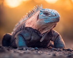 Fototapeta premium The blue iguana basks under the golden sunlight, showcasing its vibrant scales amidst a serene tropical backdrop
