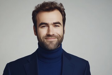 Obraz premium A well-dressed man exudes confidence with a warm smile, dressed in a navy turtleneck and blazer against a minimal backdrop