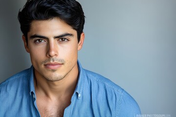 Obraz premium A young man exudes confidence in a blue shirt, standing against a neutral backdrop, with soft lighting highlighting his facial features