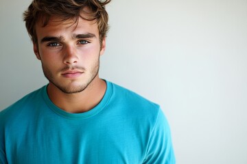 Obraz premium A young man gazes with a serious expression, dressed in a turquoise shirt, set against a light neutral backdrop