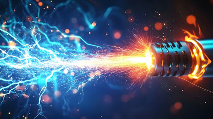 Obraz premium Electrical cable break with electric discharge. Power line damage, electricity supply and energy generation industry safety 3d vector banner with electrical cable