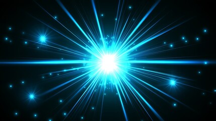 Fototapeta premium A bright blue light explodes from the center of the image, radiating outwards with streaks of light and sparkles on a black background.