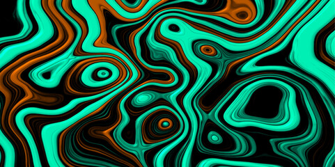 Abstract Fluidy Glass Textured Liquid Stylized Cartographic Terrain with Teal & Orange Contouring. 3D Cartographic Weave seamless striped patterns and wavy Shaped Wrinkled Foil Shimmer Background.