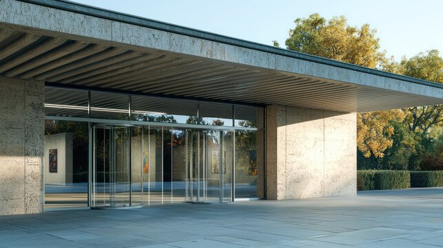 A detailed shot of a contemporary art museum entrance with a cantilevered roof and seamless glass doors