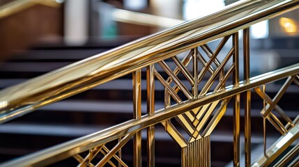 A detail of an Art Deco inspired railing in a historic building, with polished brass and geometric designs